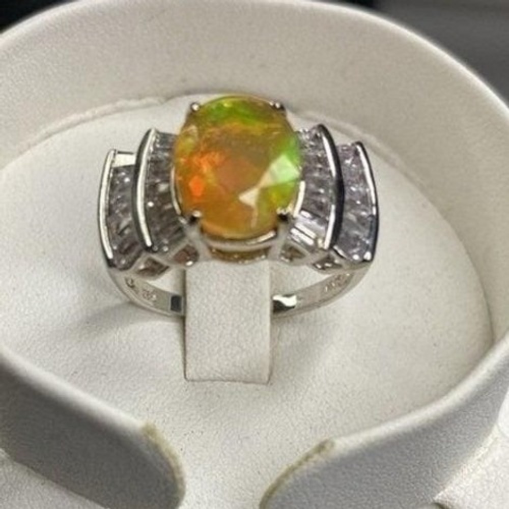 Oval Opal & White Zircon Halo Ring Sterling Silver Anniversary Statement Sz 10